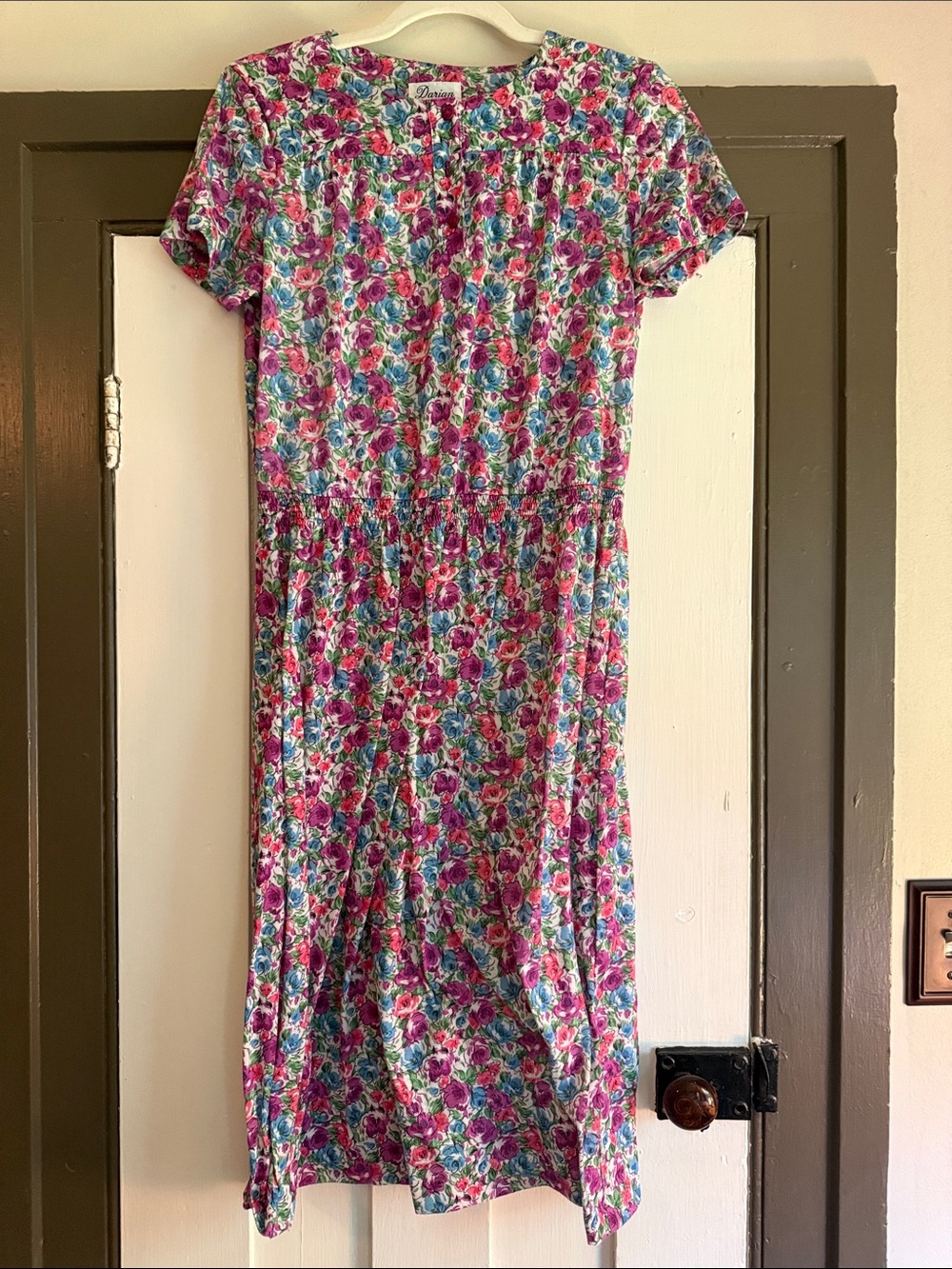 Vintage Floral Midi Dress with Pink & Teal Bouquet